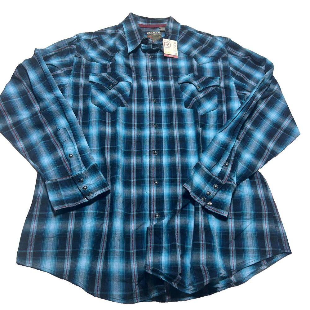 Roper Men’s Western Pearl Snap Shirt XL Blue Black Plaid Dobby Long Sleeve Rodeo